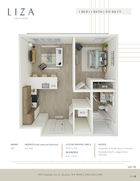 Liza Apartment 3D floor plan - 1x1 539 sqft
